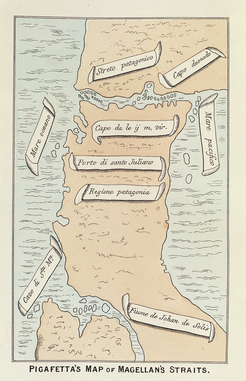 Patagonia ja Tierra del Fuego, jossa näkyy salmi, joka myöhemmin sai merenkulkijan nimen, Ferdinand Magellanin teoksesta "Matka maailman ympäri". tekijältä Antonio Pigafetta