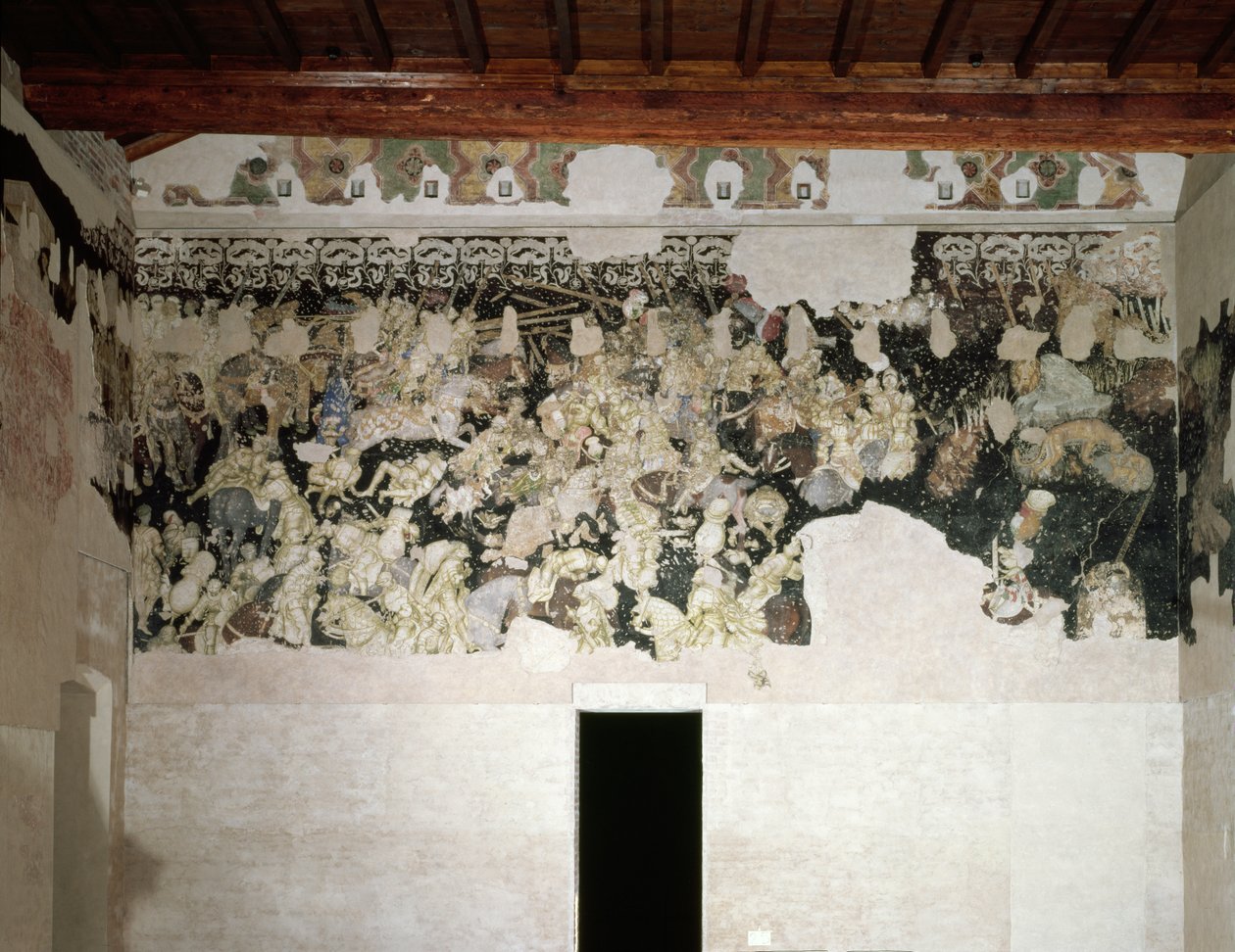 Taisteluturnaus, jossa Lancastrian SS-kaulus kehäkukkien kukilla, Gonzaga-perheen tunnus, yllä olevassa friisissä, fragmentti seinämaalauksesta Sala del Pisanellosta (entinen Sala dei Pr tekijältä Antonio Pisanello