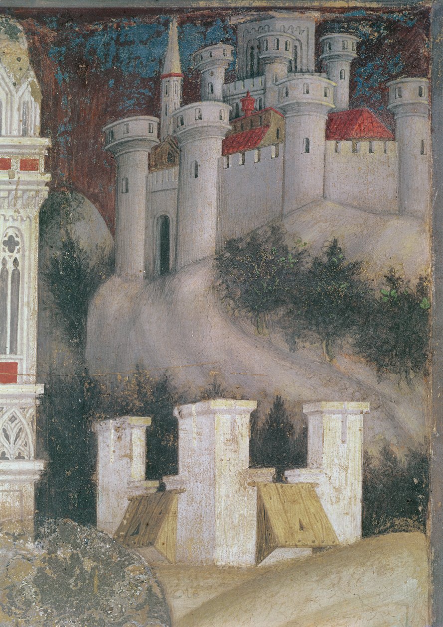 Yksityiskohta arkkitehtuurista St. Georgen ja Trebizondin prinsessan oikealla puolella, n. 1433-38 (yksityiskohta 60797) tekijältä Antonio Pisanello