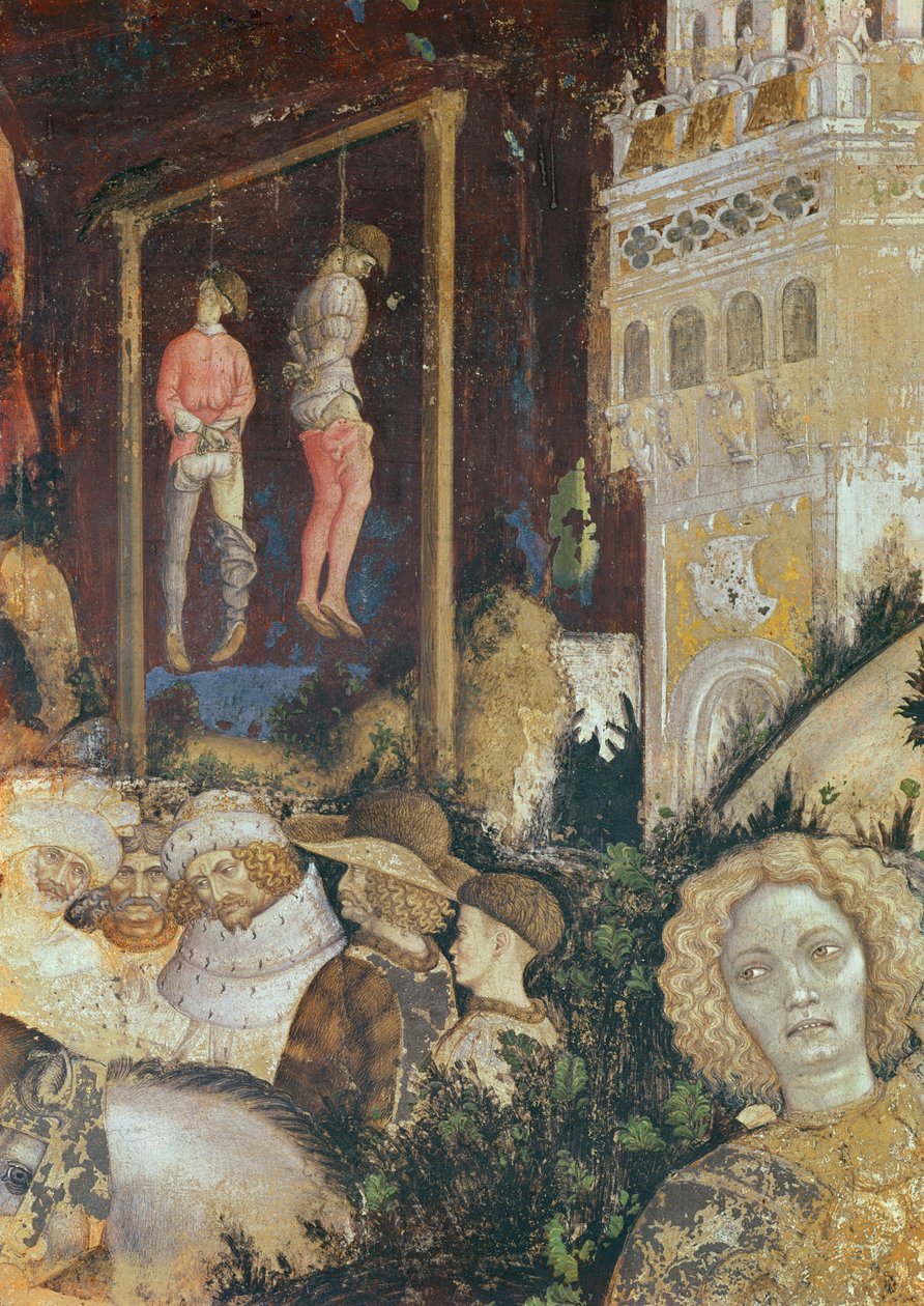 Yksityiskohta vasemmalla olevasta hirsipuusta Pyhän Yrjön ja Trebizondin prinsessan kuvauksessa, noin 1433-38 (yksityiskohta kuvasta 60797). tekijältä Antonio Pisanello