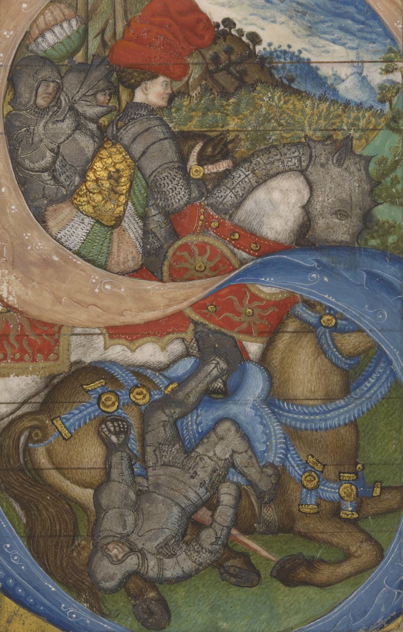 Alkukirjain S ja Pyhän Paavalin muunnos Ms 41, n. 1440-1450 (tempera, kulta- ja hopealehti ja muste pergamentilla) tekijältä Antonio Pisanello