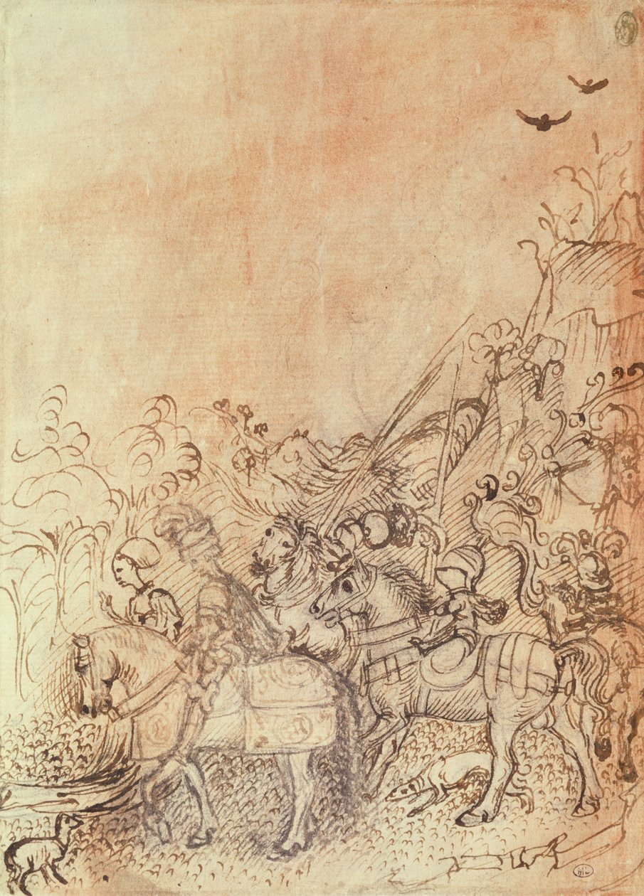 John of Gonzague ja hänen hovimiehensä vuoristoisessa maisemassa, Vallardi-albumista tekijältä Antonio Pisanello
