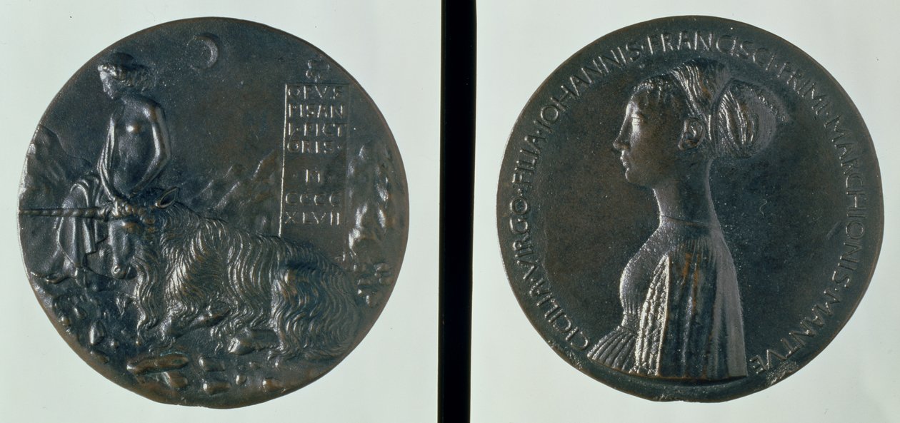 Muotokuvamitali, etupuoli Cecilia Gonzagaa, kääntöpuoli naishahmoa ja yksisarvista, 1447 (pronssi) tekijältä Antonio Pisanello
