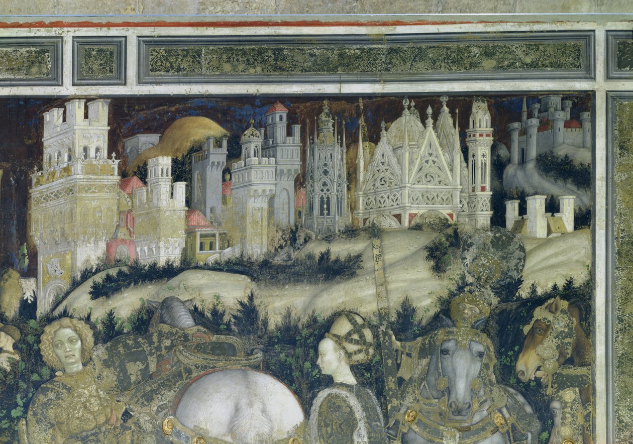 St. George ja Trebizondin prinsessa, kaupungin yksityiskohta taustalla, n. 1433-38 tekijältä Antonio Pisanello