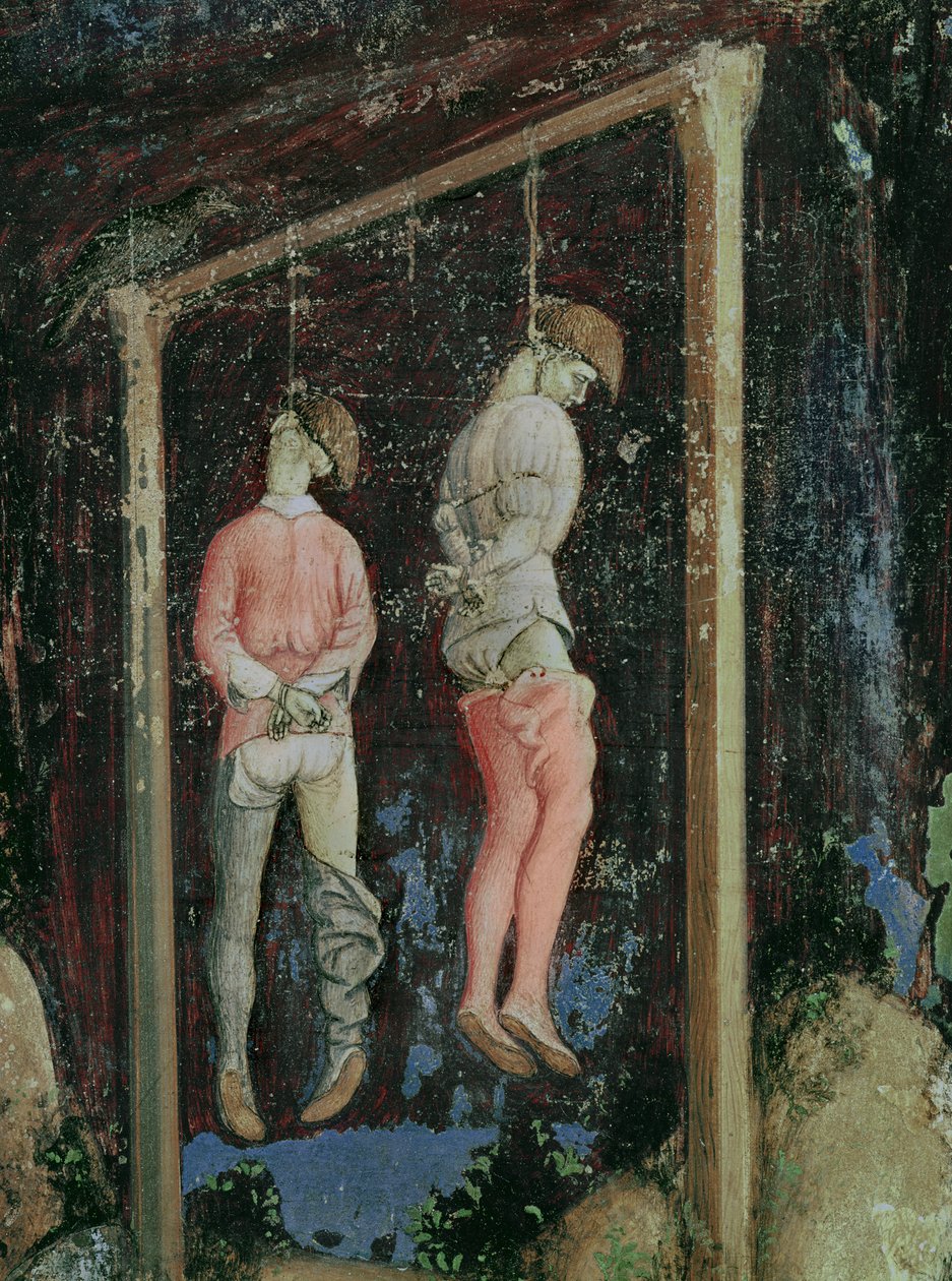 St. George ja Trebizondin prinsessa, yksityiskohta kahdesta roikkuvasta miehestä vasemmalta puolelta, n. 1433-38 tekijältä Antonio Pisanello