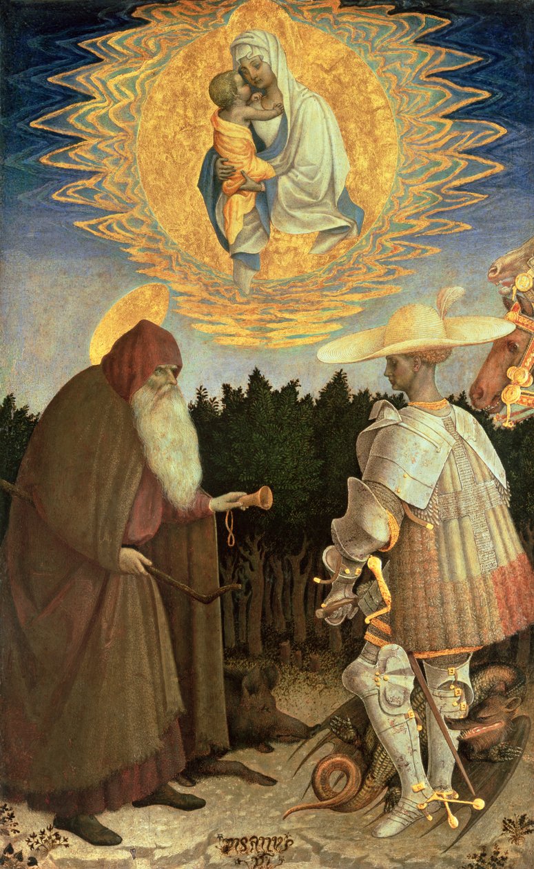 Neitsyt ja lapsi Pyhän Yrjön ja Pyhän Antonius apottin kanssa (munan tempera poppelilla) tekijältä Antonio Pisanello