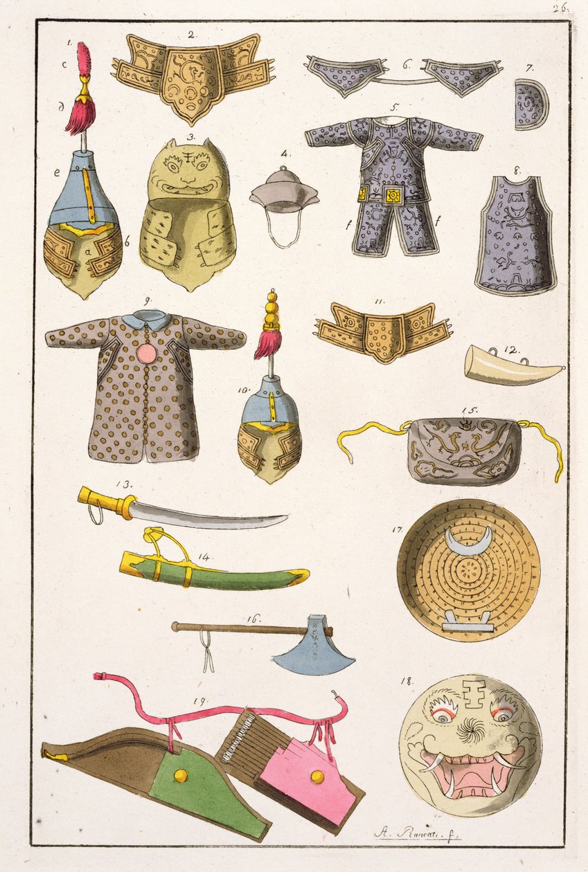 Kiinalaisia sotilasaseita ja -vaatteita, kuvitus Giulio Ferrarion teoksesta "Le Costume Ancien et Moderne", julkaistu noin 1820-30-luvuilla. tekijältä Antonio Rancati