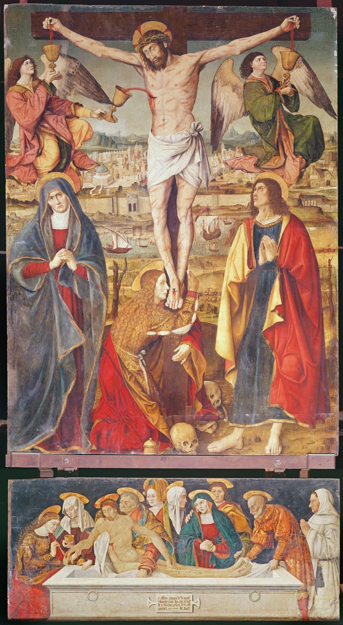 Ristiinnaulitseminen ja hautaus, Passion Retablen keskipaneeli, 1517-20 (tempera paneelissa) tekijältä Antonio Ronzen
