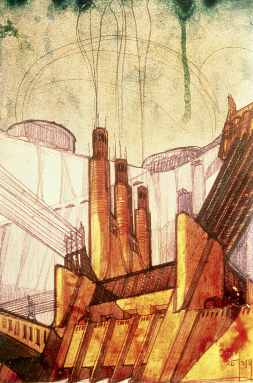 Sähkövoimala, 1914 (kynä ja muste, kynä, paperille) tekijältä Antonio SantElia