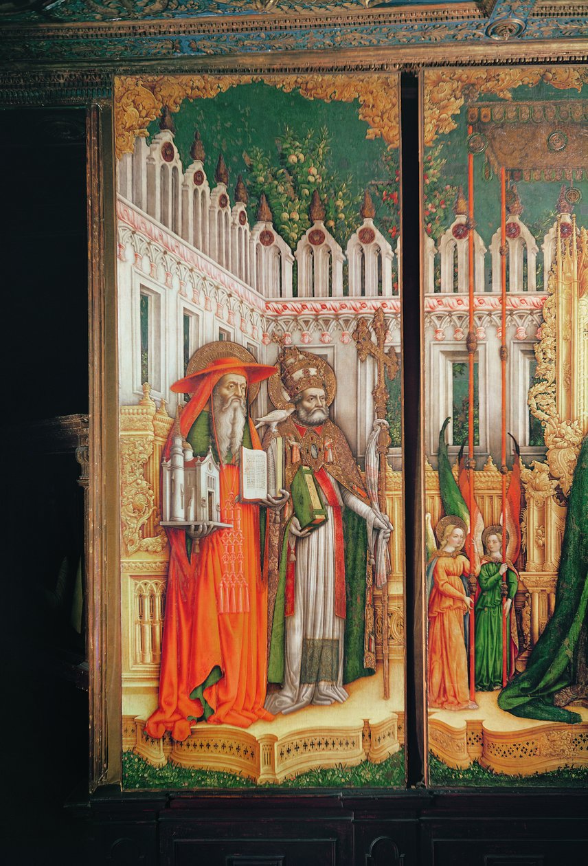 Neitsyen ja lapsen triptyykki pyhien ympäröimänä, yksityiskohta vasemmasta paneelista, jossa on Pyhä Hieronymus ja Pyhä Gregory, 1446 (tempera kankaalle) tekijältä Antonio Vivarini
