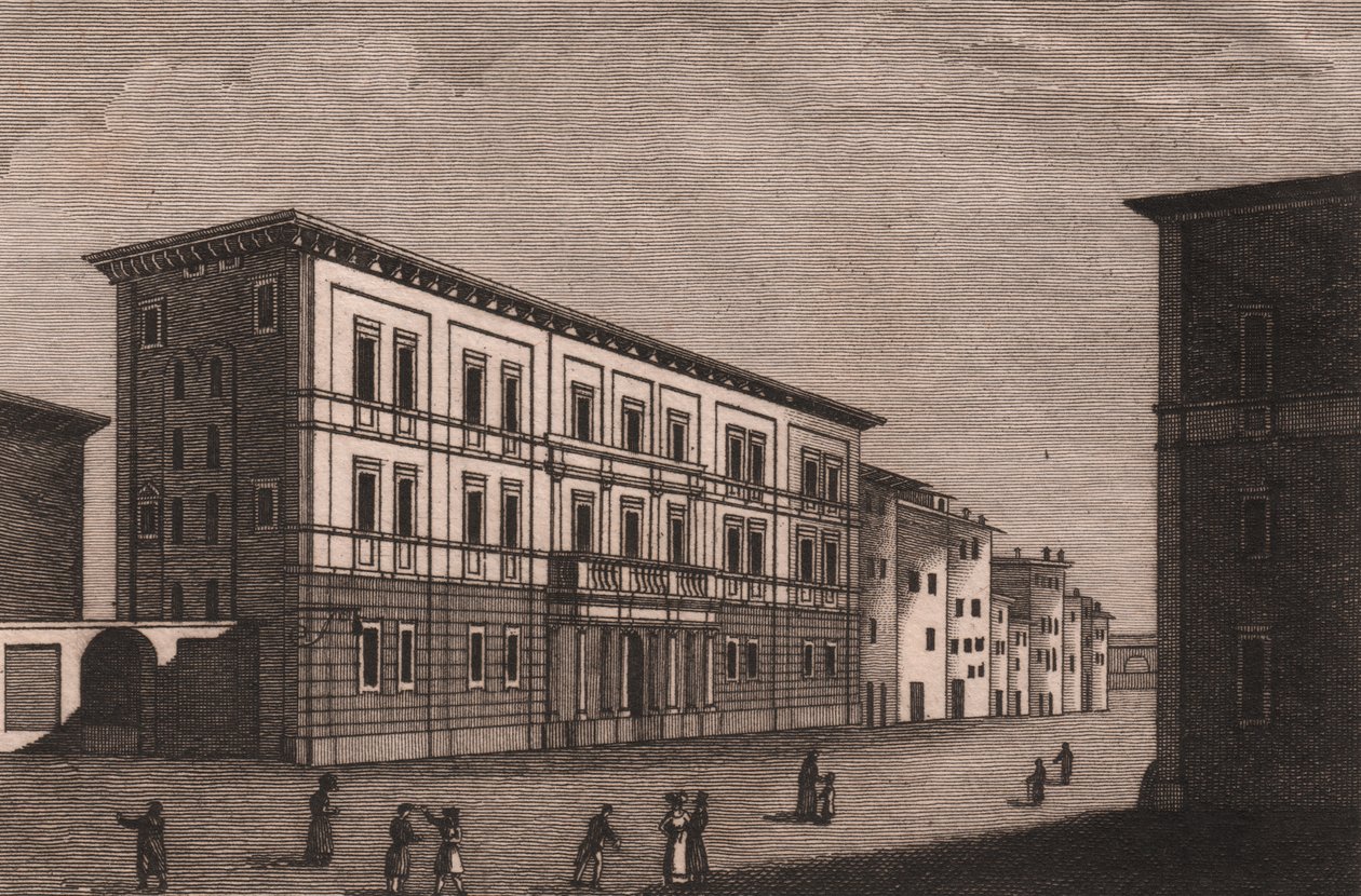 Näkymä piispanpalatsista Pistoiassa, Toscanassa, Italiassa, Antonio Morghenin (1788-1853) kuparikaiverrus, noin 13x9,5 cm tekijältä Antonio (1788 1853) Morghen