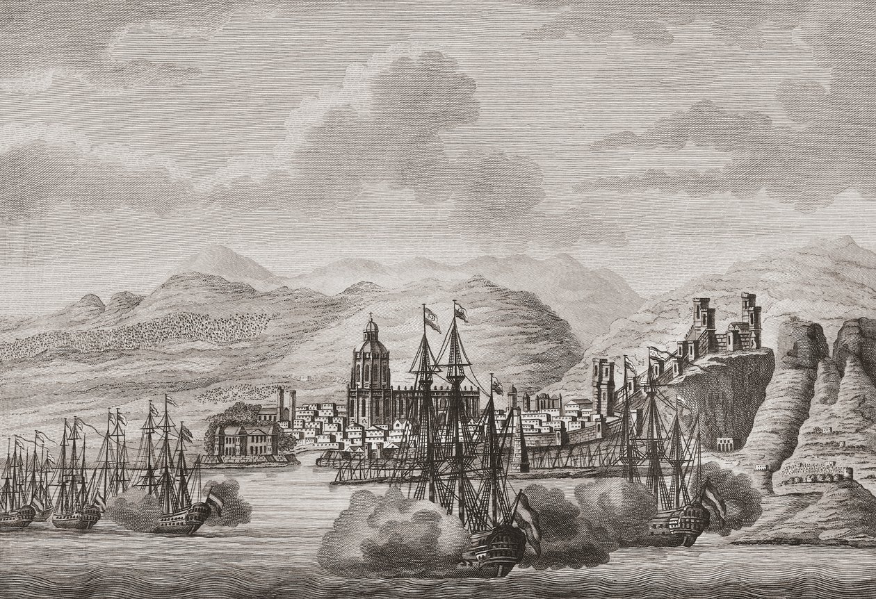 Hollannin laivasto Malagan edustalla Espanjassa 1784 tulistusta. (Tulosta) tekijältä Antonio (after) Suntach