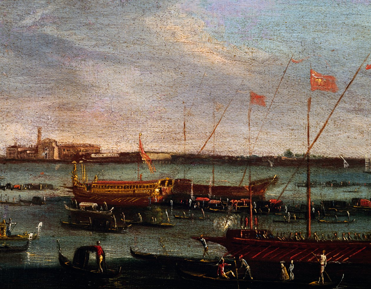 Bucentaur (Venetsian dogien osavaltion keittiö) Venetsian Lidossa, öljy kankaalle, Canaletton koulu, Italia tekijältä Antonio (studio of) Canaletto