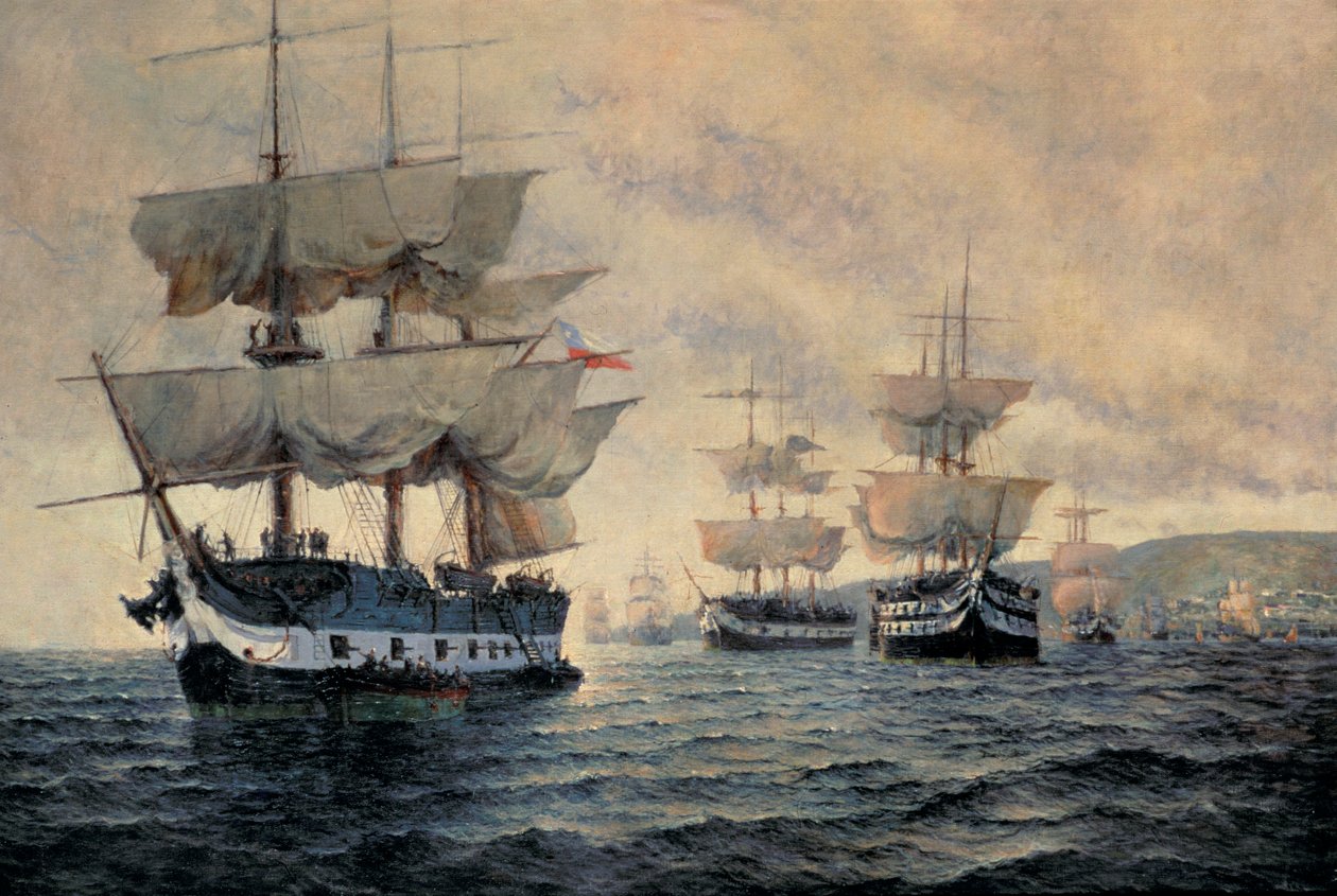 Perun vapautusretken aloitus 20. elokuuta 1820, kapteeni kenraali Jose de San Martinin (1778-1850) komennossa (öljy kankaalle) tekijältä Antonio A. Abel