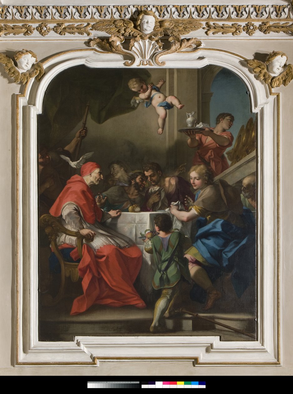 "" Pyhä Gregoire Suuri pöydän ääressä, jossa Jeesus on naamioitu peleriiniin"" Paavin lähellä, Pyhän Hengen kyyhkynen (Pyhä Henki) 1729-1731 (maalaus) tekijältä Antonio Balestra