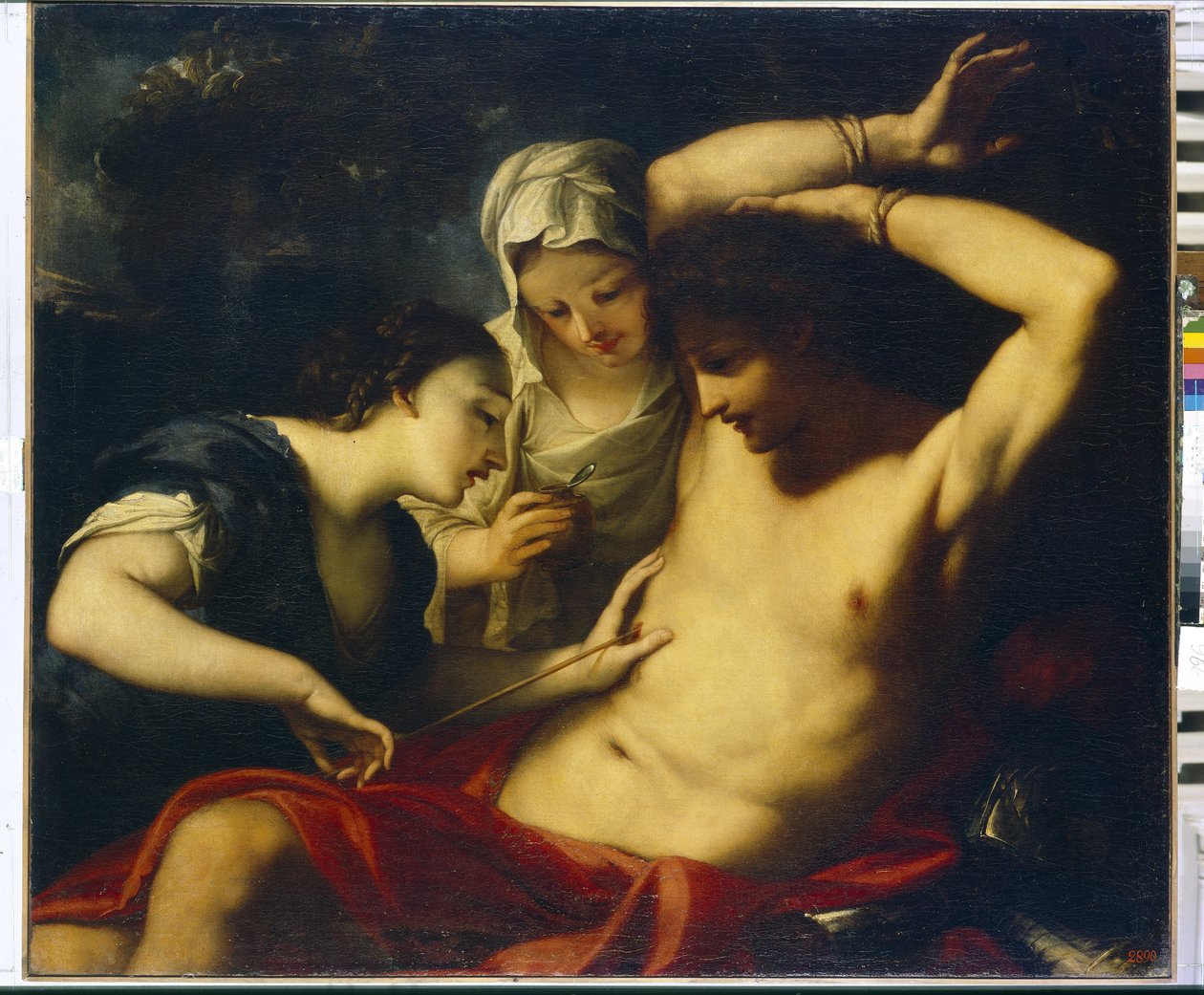 Saint Sebastian (marttyyri 4. vuosisadan alussa), Saint Irene (Roomasta, marttyyri vuonna 304) ja Saint Lucia (Syracuse, marttyyri noin 303 tai 310) (Pyhät Sebastian, Irene ja Lucia) - Antonio Balestran (1666-1740) maalaus ), öljy kankaalle - italialainen  tekijältä Antonio Balestra