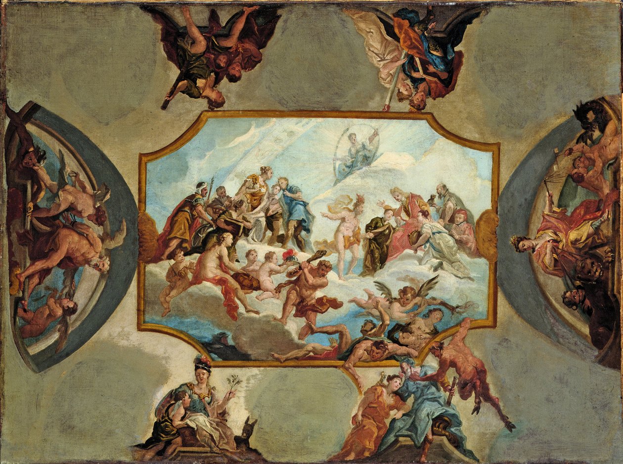 Kunnioitus Johann Wilhelmille, vaaliruhtinas Palatinus. Suunnitelma kattomaalaukseen Bensbergin linnaan, 1709 tekijältä Antonio Bellucci