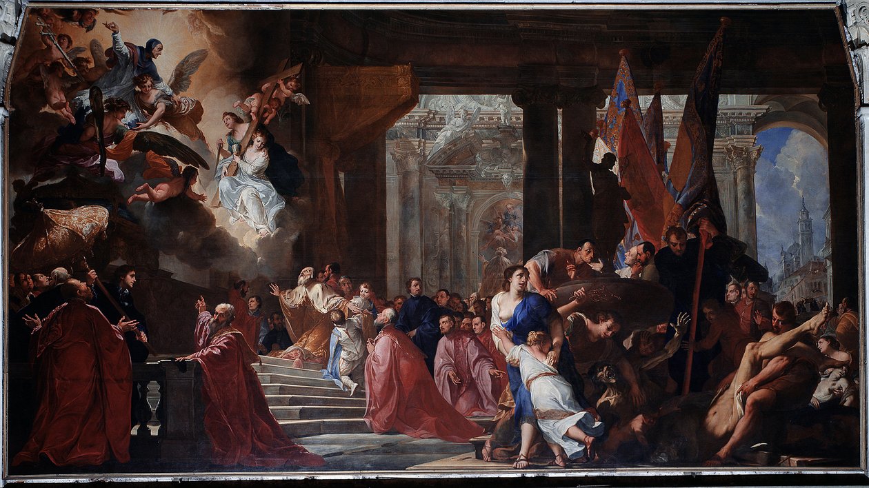 Doge Nicolo Contarinin lupaus siunatulle Lorenzo Giustinianille, että hän voi rukoilla Venetsian vapauttamiseksi vuoden 1630 rutosta (maalaus tekijältä Antonio Bellucci