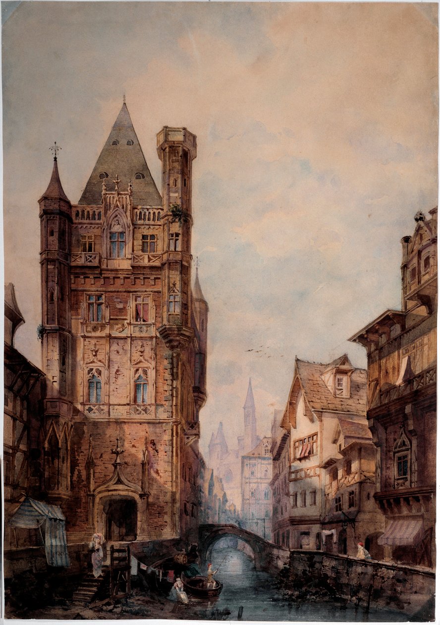 Näkymä kanavalle normaalisessa kaupungissa Akvarelli Antonio Bernasconi (1800-luku) Dim 85x75 cm Genes, Galleria d