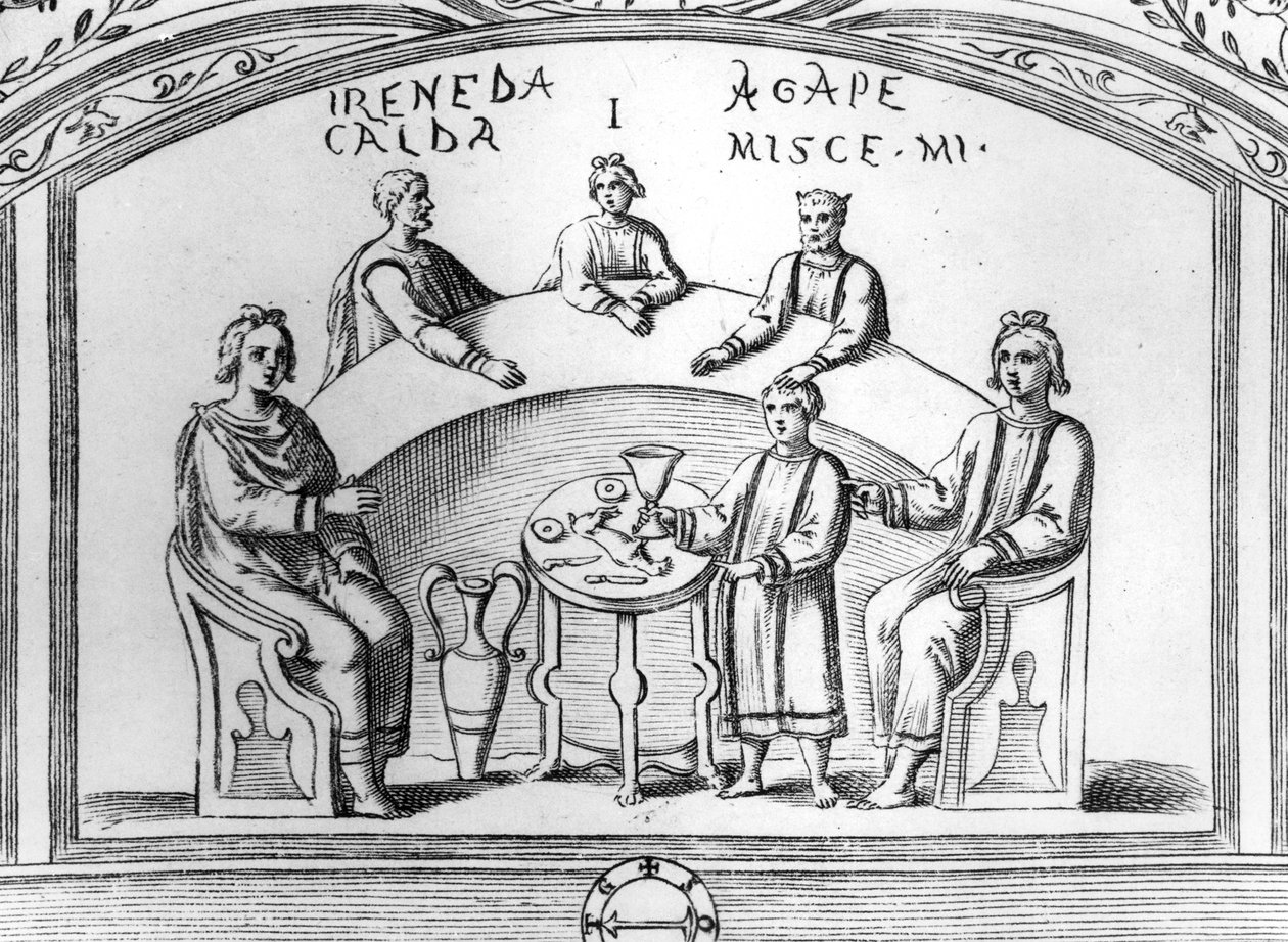 Juhlakohtaus varhaiskristillisestä katakombifreskosta Roomassa, kuvitus Antonio Bossin teoksesta "Roma Sotterranea", julkaistu Roomassa 1632 (puukaiverrus). tekijältä Antonio Bosio