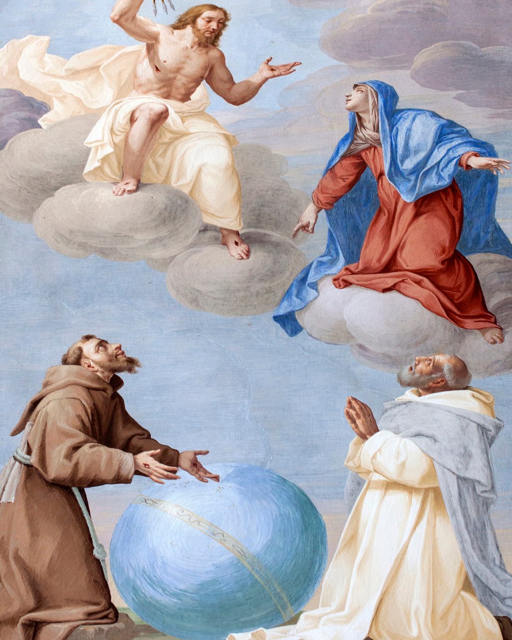 Pyhä Franciscus, pyhä Damianus ja Maria rukoilevat ihmiskunnan puolesta, jotta jumalallinen oikeus ei ampuisi nuoliaan maailmaan, Antonio Buscan (1625-1684) fresko, 20. kappeli, paavi Gregorius IX:n kanonisoima Pyhä Franciscus, tekijältä Antonio Busca