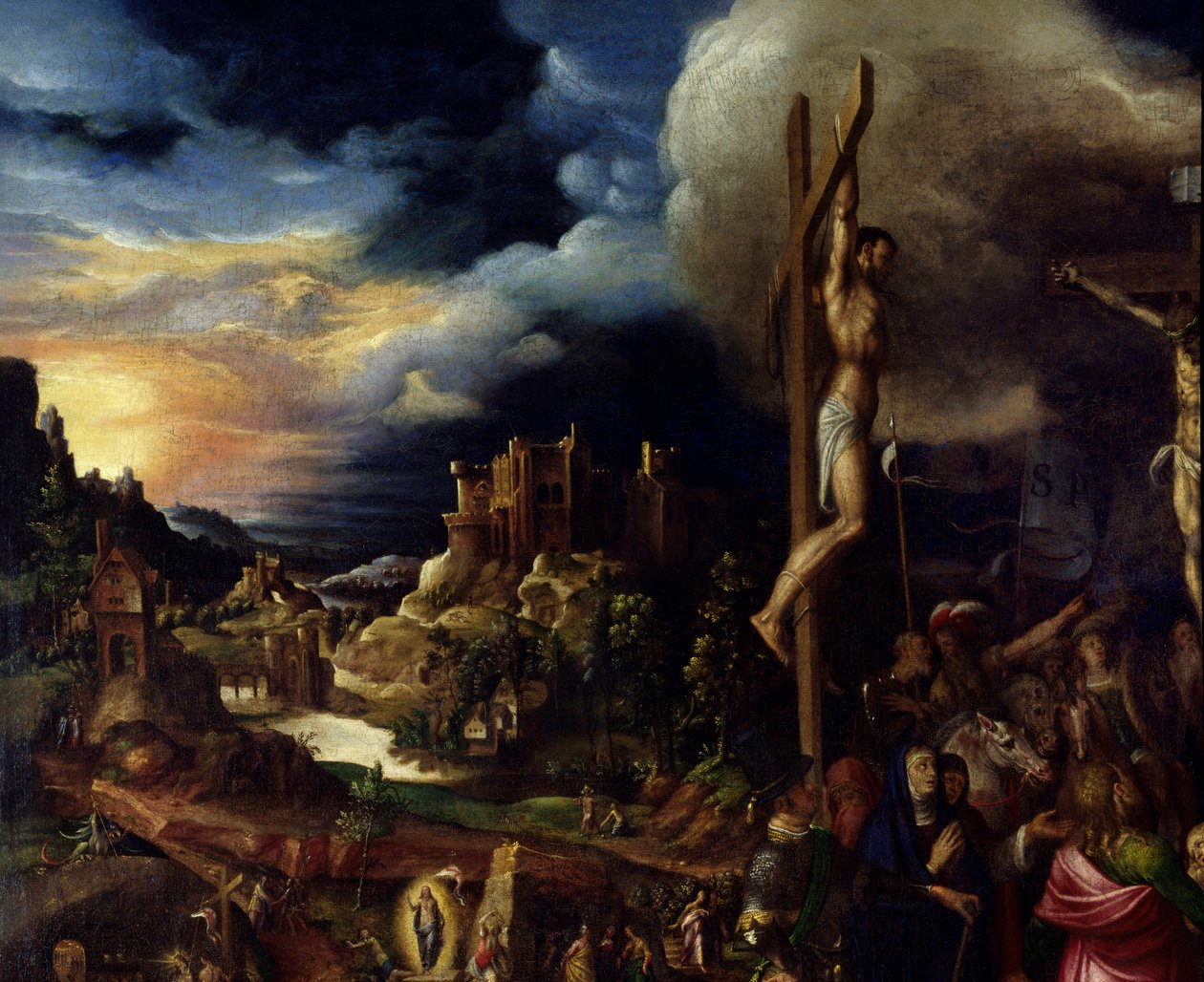 Kristus ristillä Passion kohtaukset: noussut Golgatalle (Ristin tie), ristiinnaulitseminen. Antonio Campin (1526-1587) maalaus Ec. Ital tekijältä Antonio Campi