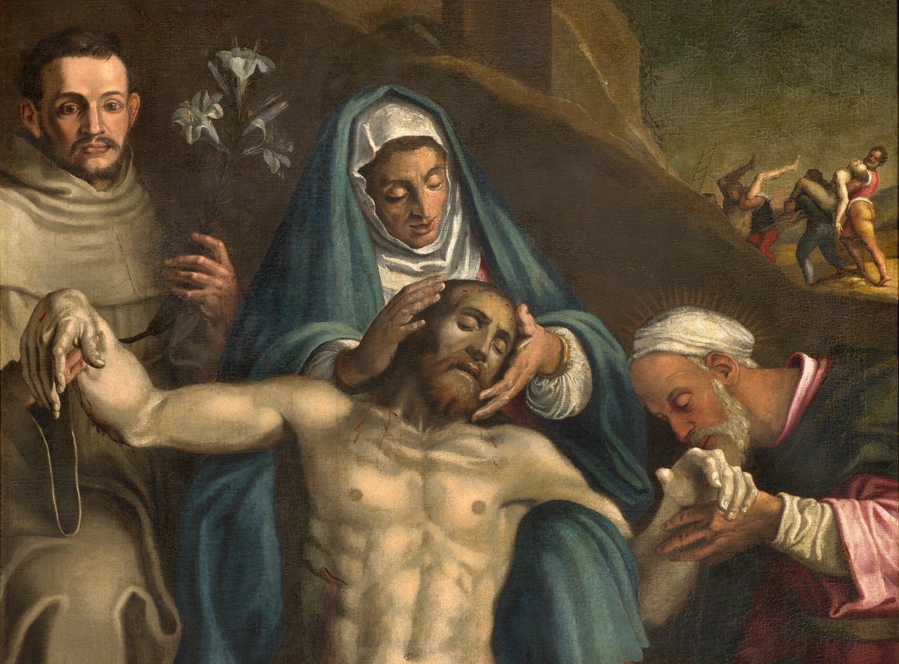 Pohjoinen risteys, laskeumaalttari, Kristuksen laskeuma, jota tukevat neitsyt ja pyhät Raymond ja Anthony Padovalainen, Antonio Campi 1566, yksityiskohtainen alttaritaulu tekijältä Antonio Campi