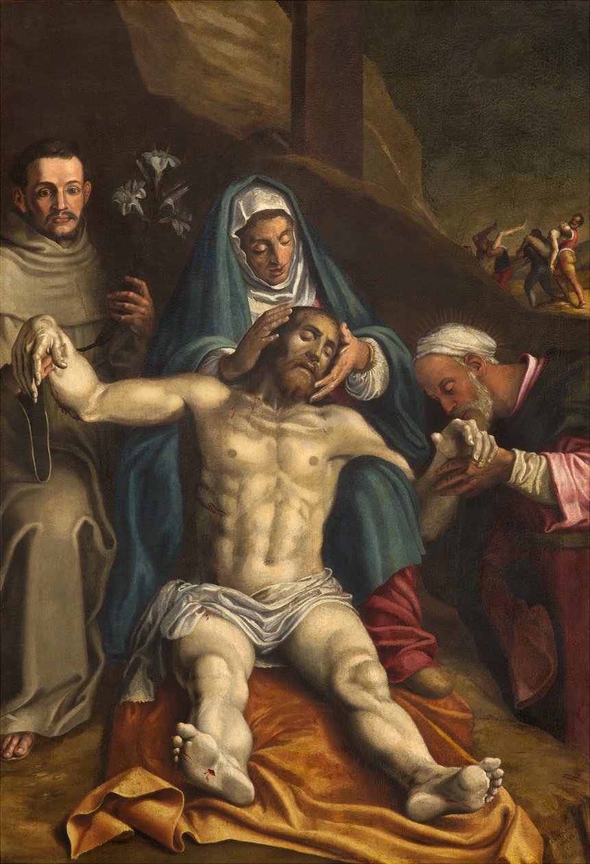 Pohjoinen poikkiristeys, laskeumaalttari, Kristuksen laskeuma, jota tukevat Neitsyt ja pyhät Raymond ja Anthony Padovalainen, Antonio Campi 1566, alttaritaulu tekijältä Antonio Campi