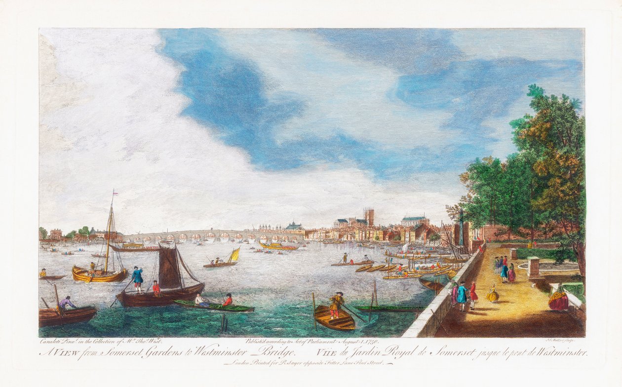 Näkymä Somerset Gardensista Westminster Bridgelle, kaivertanut John Miller, 1750 tekijältä Giovanni Antonio Canal