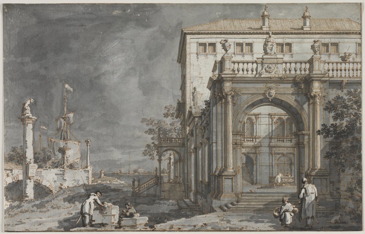 Capriccio: Palatsi sisäpihalla laguunin rannalla, n. 1750-1755. tekijältä Giovanni Antonio Canal