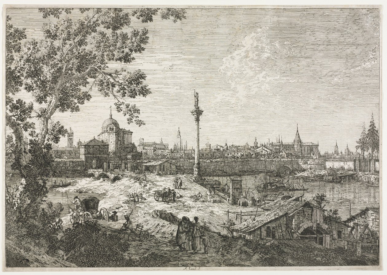 Panoraama kaupunkiin joella tekijältä Antonio Canaletto