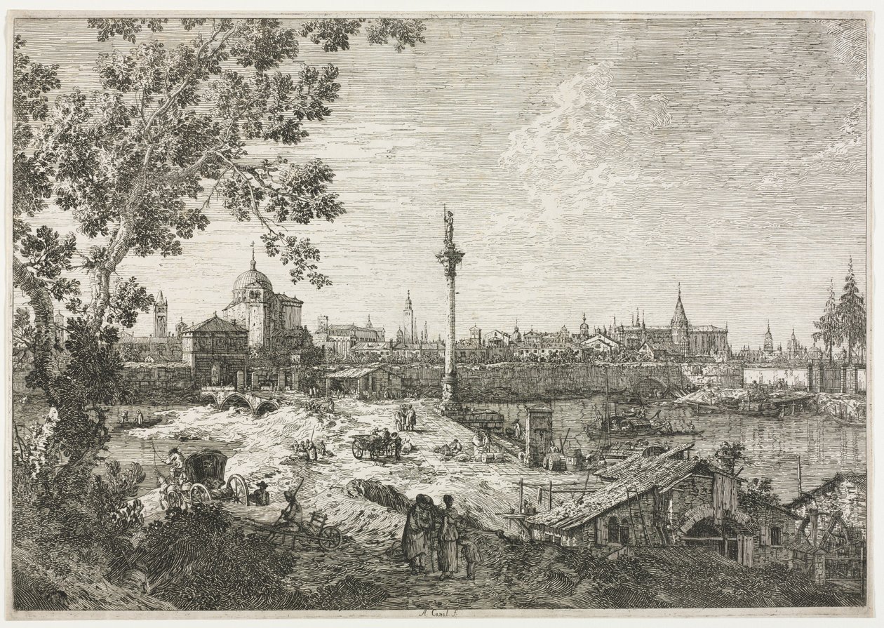 Panoraama kaupunkiin joella. tekijältä Giovanni Antonio Canal