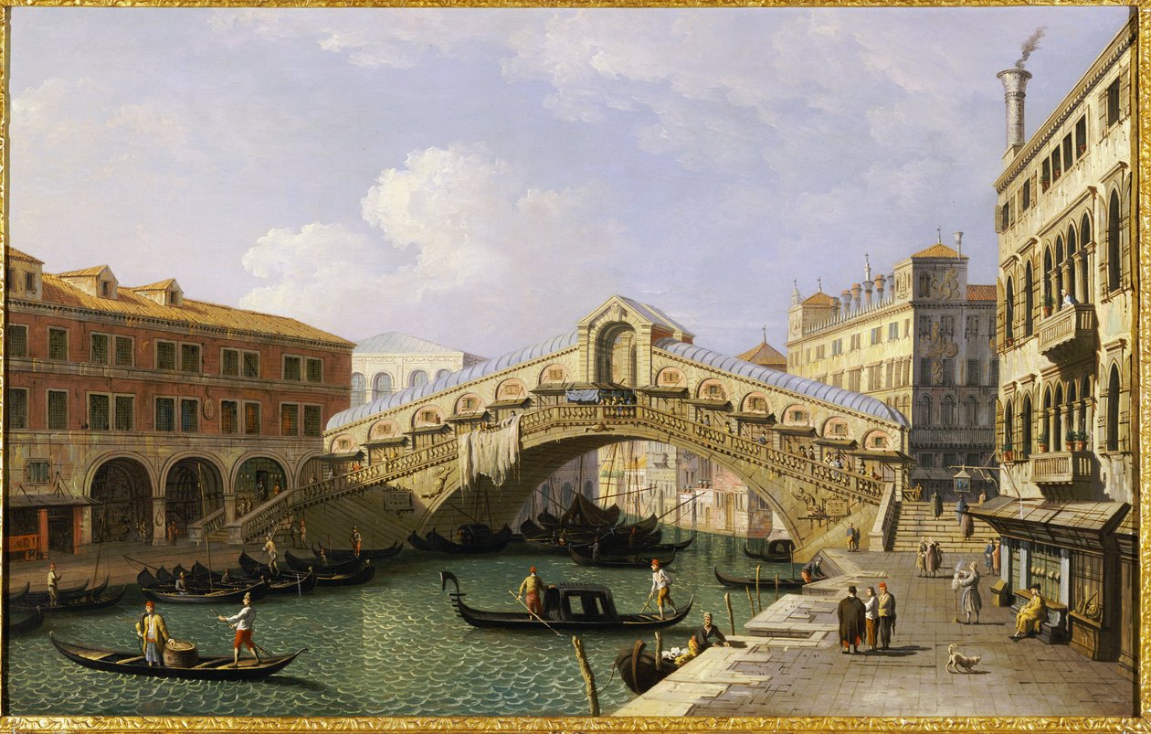 Rialton silta Venetsia etelästä Fondamenta Del Vinin ja Fondaco Dei Tedeschin kanssa tekijältä Giovanni Antonio Canal