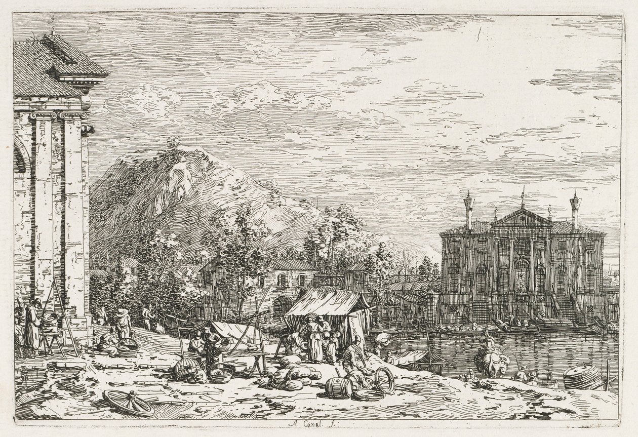 Näkymät: Kaupunki joen takana, 1735-1746. tekijältä Giovanni Antonio Canal