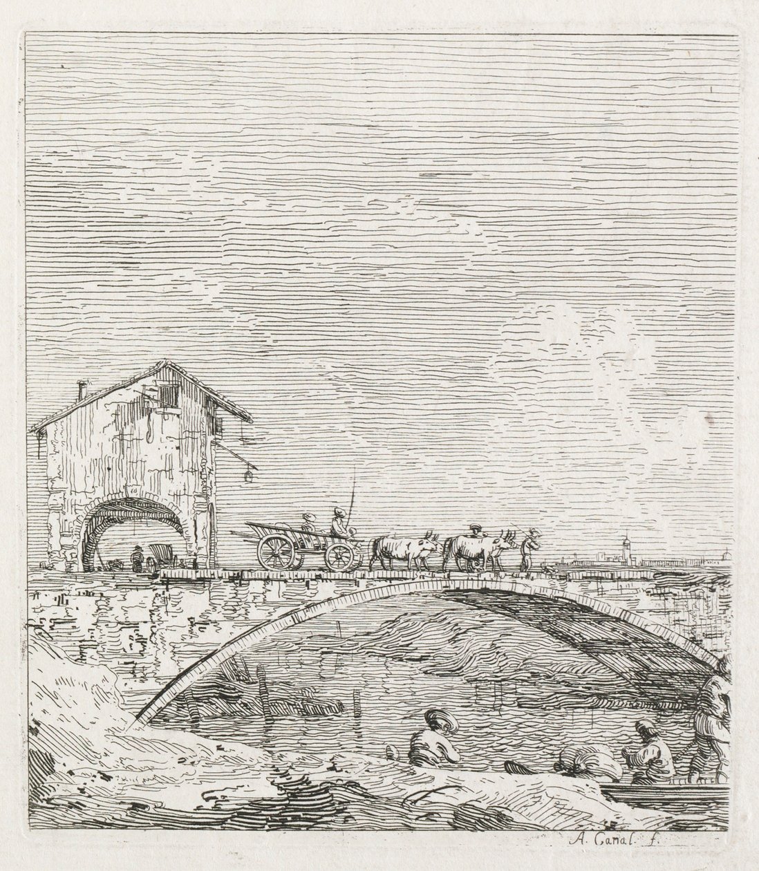 Näkymät: vaunu, joka kulkee sillan yli, 1735-1746. tekijältä Giovanni Antonio Canal