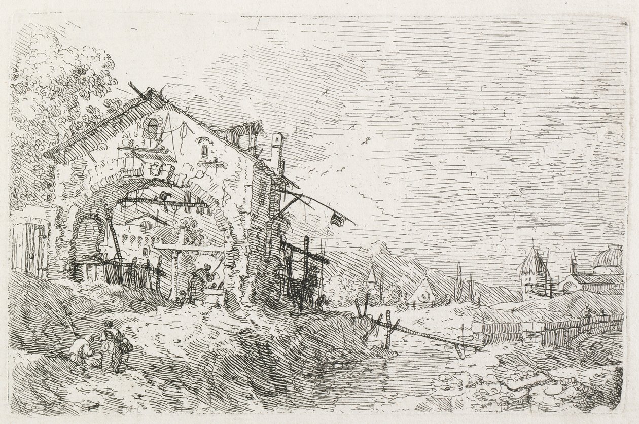 Näkymät: Nainen piirtää vettä kaaren alta tekijältä Antonio Canaletto