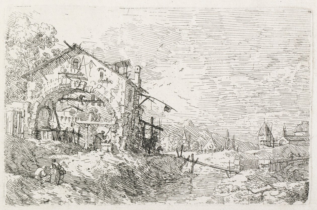 Näkymät: Nainen piirtää vettä kaaren alta, 1735-1746. tekijältä Giovanni Antonio Canal