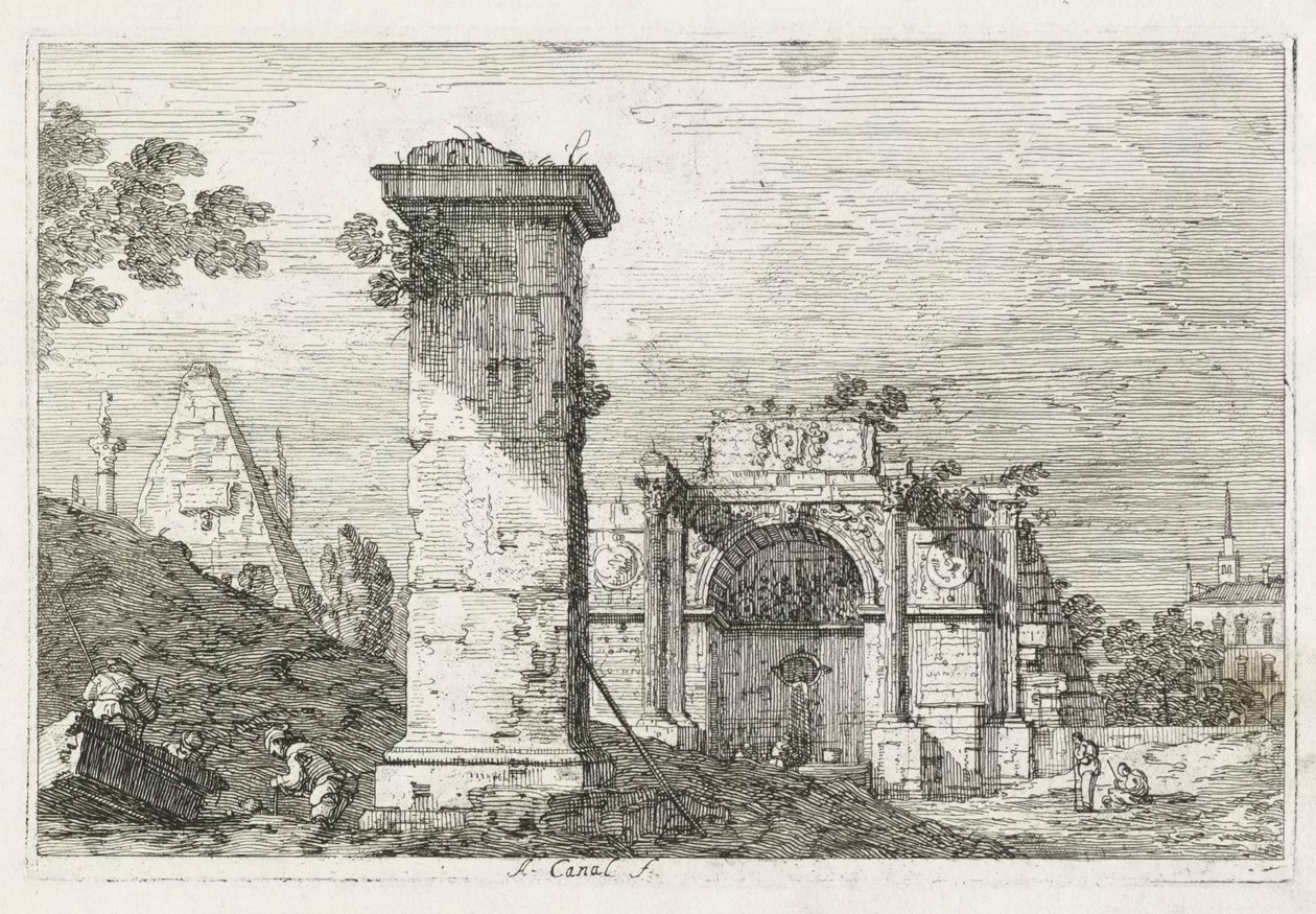 Näkymät: Eristetty pilari, 1735-1746. tekijältä Giovanni Antonio Canal
