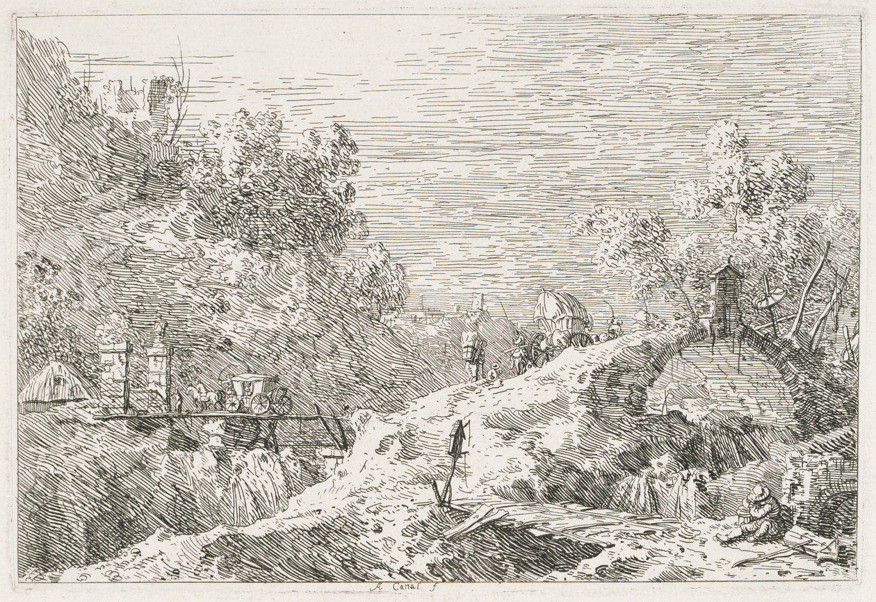 Näkymät: Vuoristomaisema ja viisi siltaa tekijältä Antonio Canaletto
