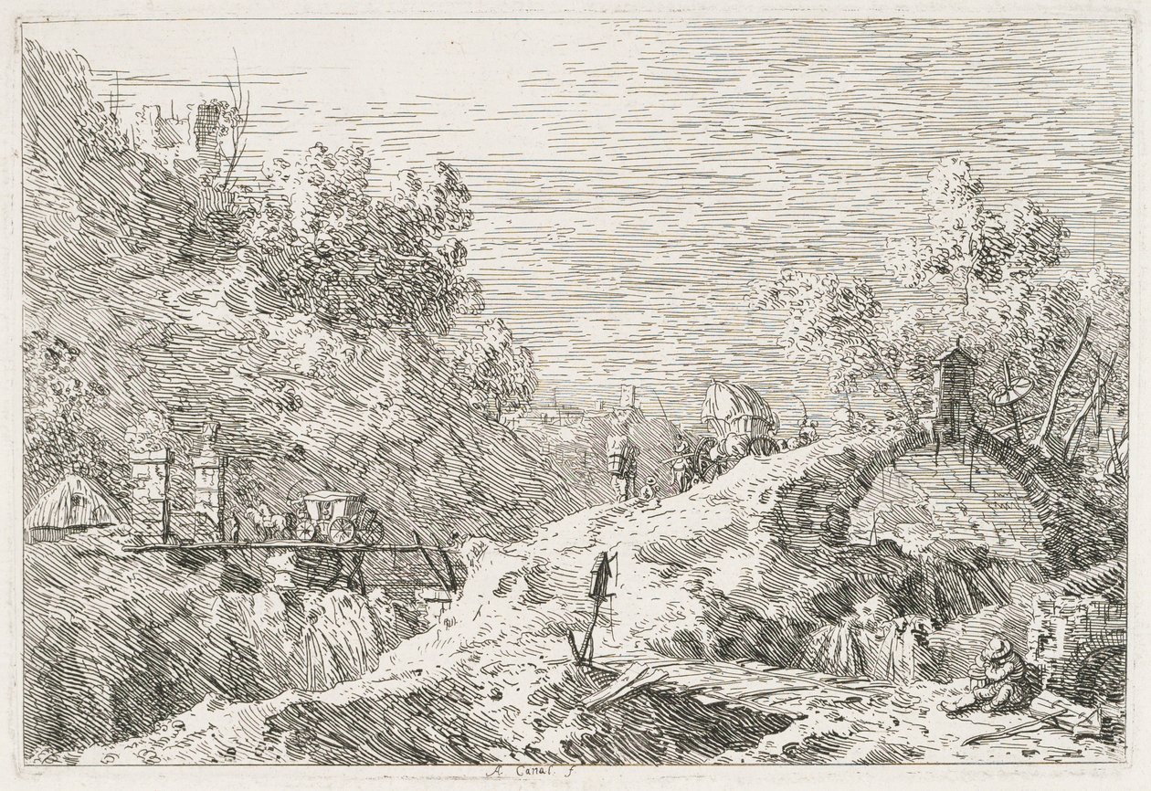 Näkymät: Vuoristomaisema ja viisi siltaa, 1735-1746. tekijältä Giovanni Antonio Canal