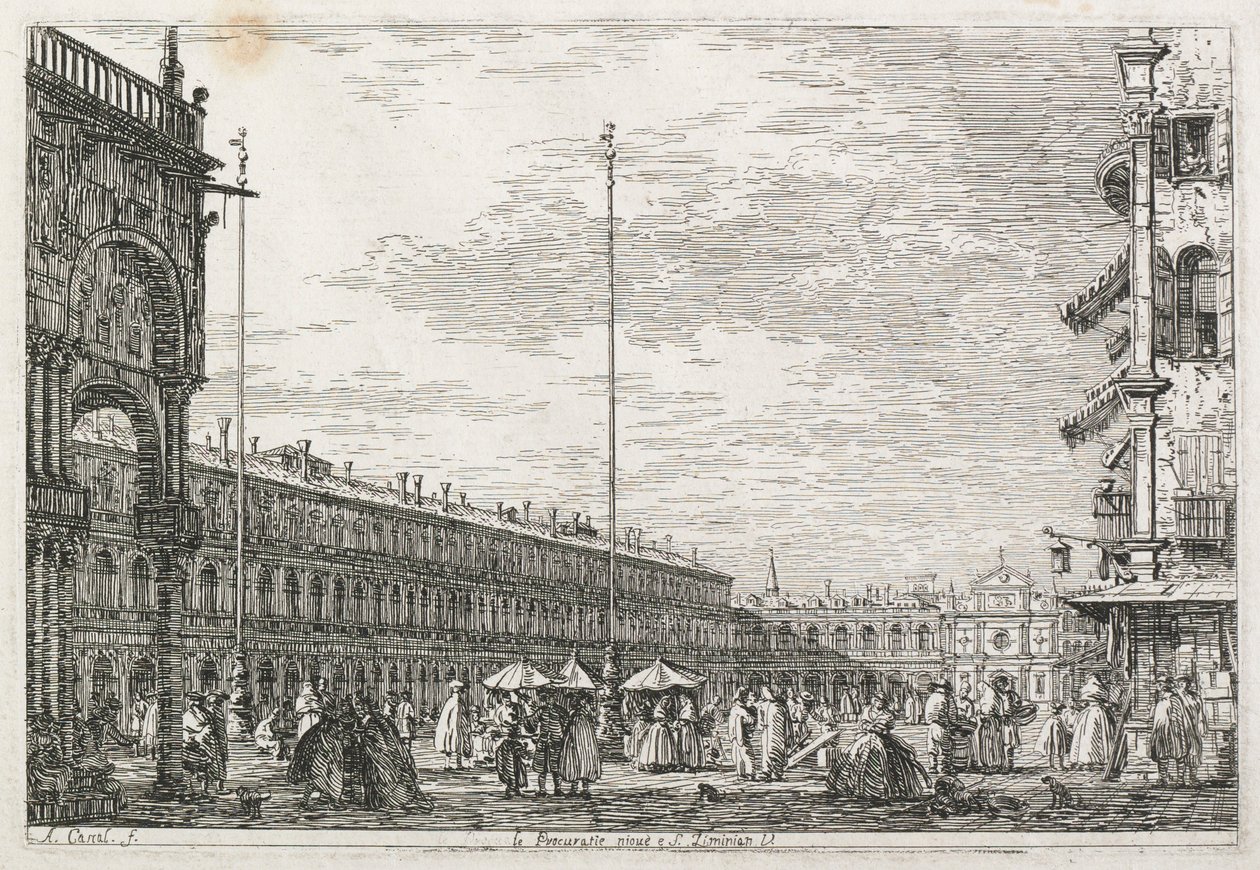 Näkymät: Prokuraattorin palatsi ja St. Gémienien kirkko, Venetsia, 1735-1746. tekijältä Giovanni Antonio Canal