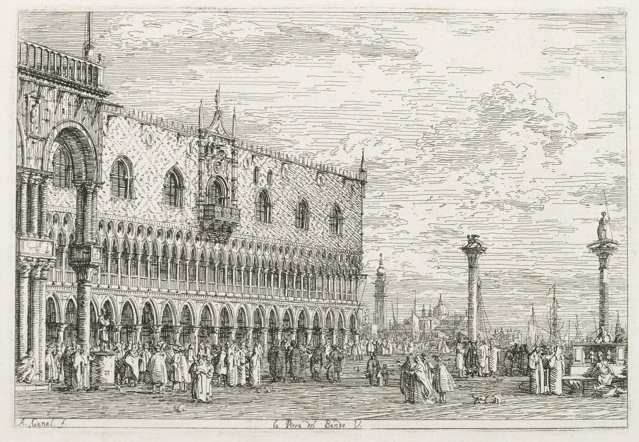 Näkymät: Venetsian julistuksen kivi, 1735-1746. tekijältä Giovanni Antonio Canal
