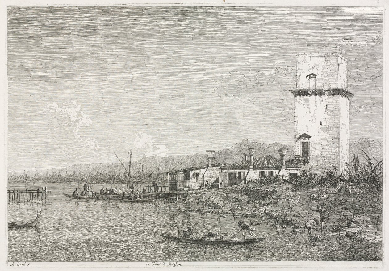 Näkymät: Malgheran torni, 1735-1746. tekijältä Giovanni Antonio Canal