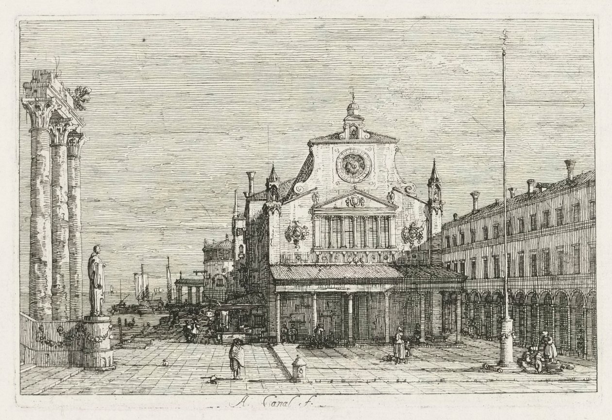 Näkymät: Kolme pylvästä ja patsas meren rannikolla, 1735-1746. tekijältä Giovanni Antonio Canal