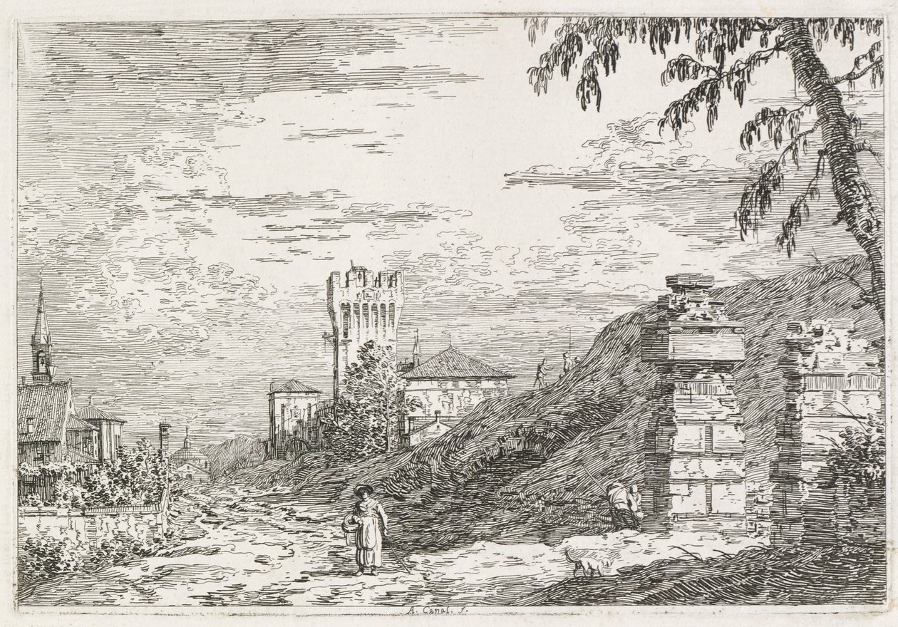 Näkymät: Two Ruined Pillars, 1735-1746. tekijältä Giovanni Antonio Canal