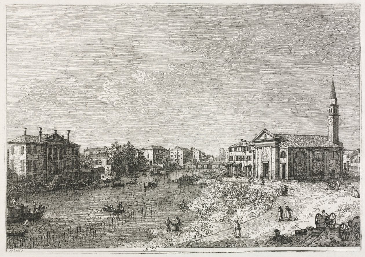 Näkymät: Dolon näkymä, Brentan kaupunki, Venetsian länsipuolella, 1735-1746. tekijältä Giovanni Antonio Canal
