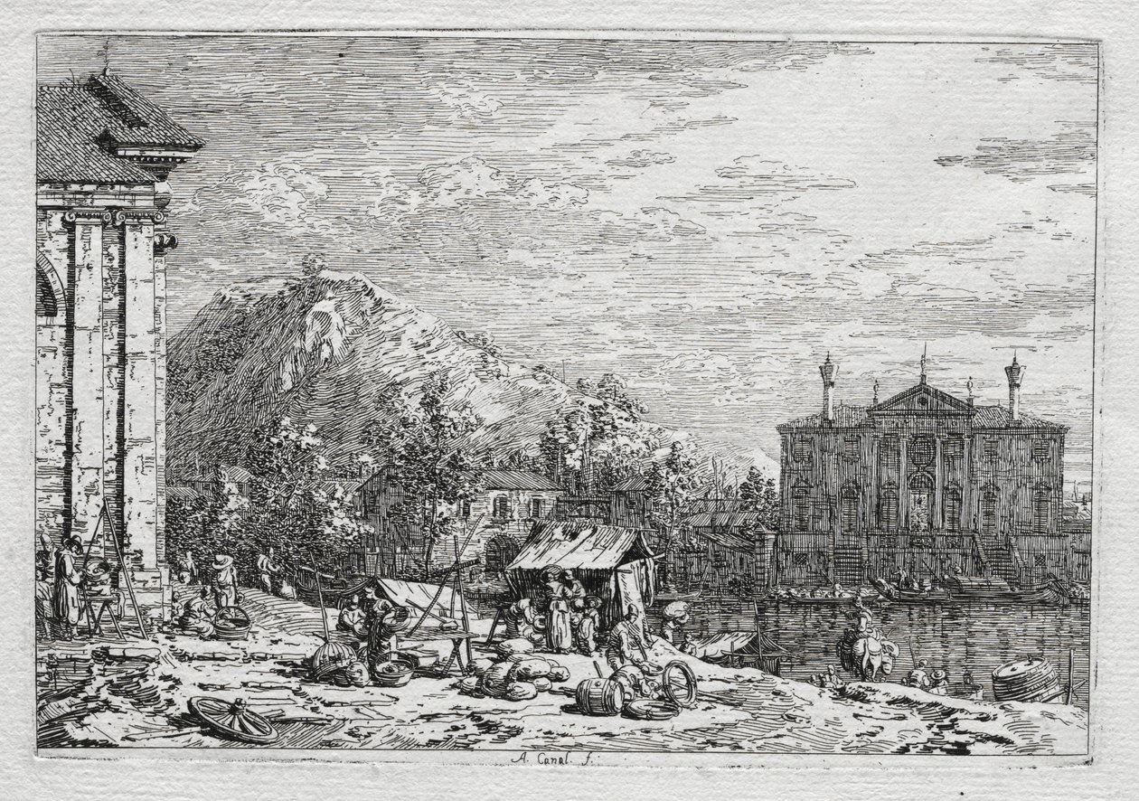 Näkymät Venetsiaan ja sen ympäristöön: Kaupunki joen takana, 1700-luku. tekijältä Giovanni Antonio Canal