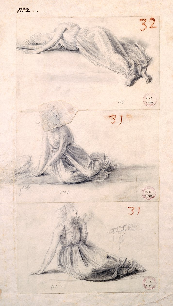 Antonio Canovan (1757-1822) naishahmo kolmessa eri asennossa, piirustus tekijältä Antonio Canova