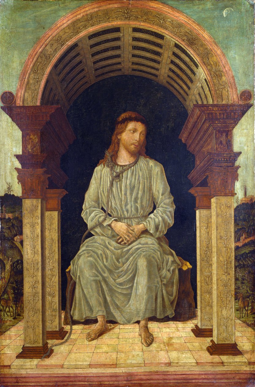 ""mystinen kristuksen hahmo"" Jeesus istui pyövelinsilmukka kaulassa, joka liittyy Kristuksen pilkaukseen - Antonio Cicognaralle (toiminut noin 1480-1500) kuuluva maalaus Lontoon kansallisgalleria tekijältä Antonio Cicognara