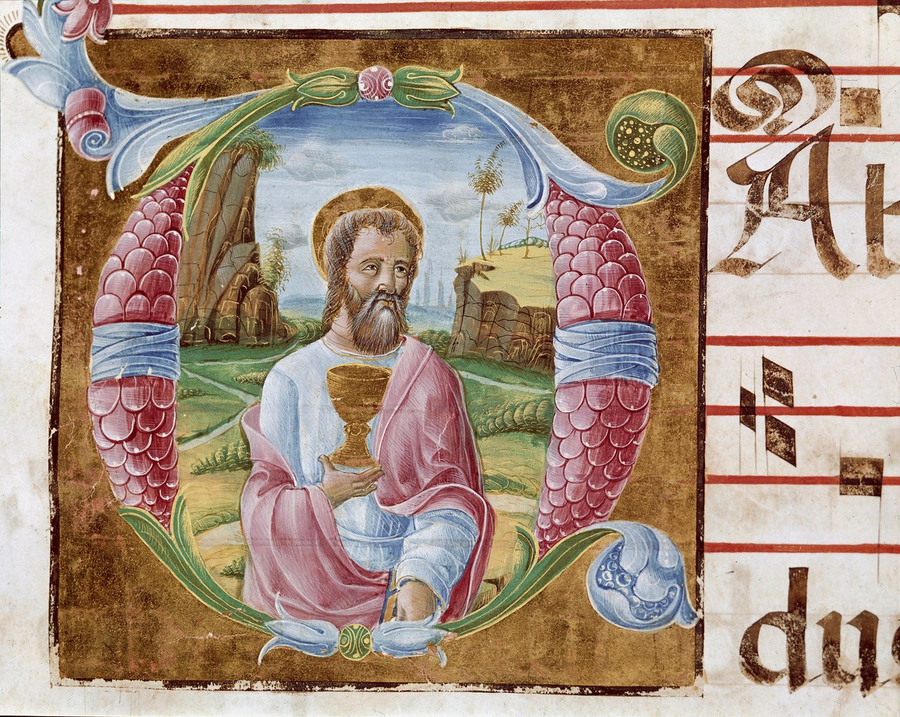 Pyhän Johannes Evankelista Lettrine valaisi Antonio Cicognari. Yksityiskohta antifonaarista. 1483. Cremone, kuoro 4, capitolo del duomo tekijältä Antonio Cicognara